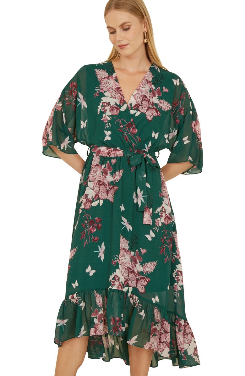 Yumi Floral Kimono Dipped Hem Dress, Alternate, color, Green