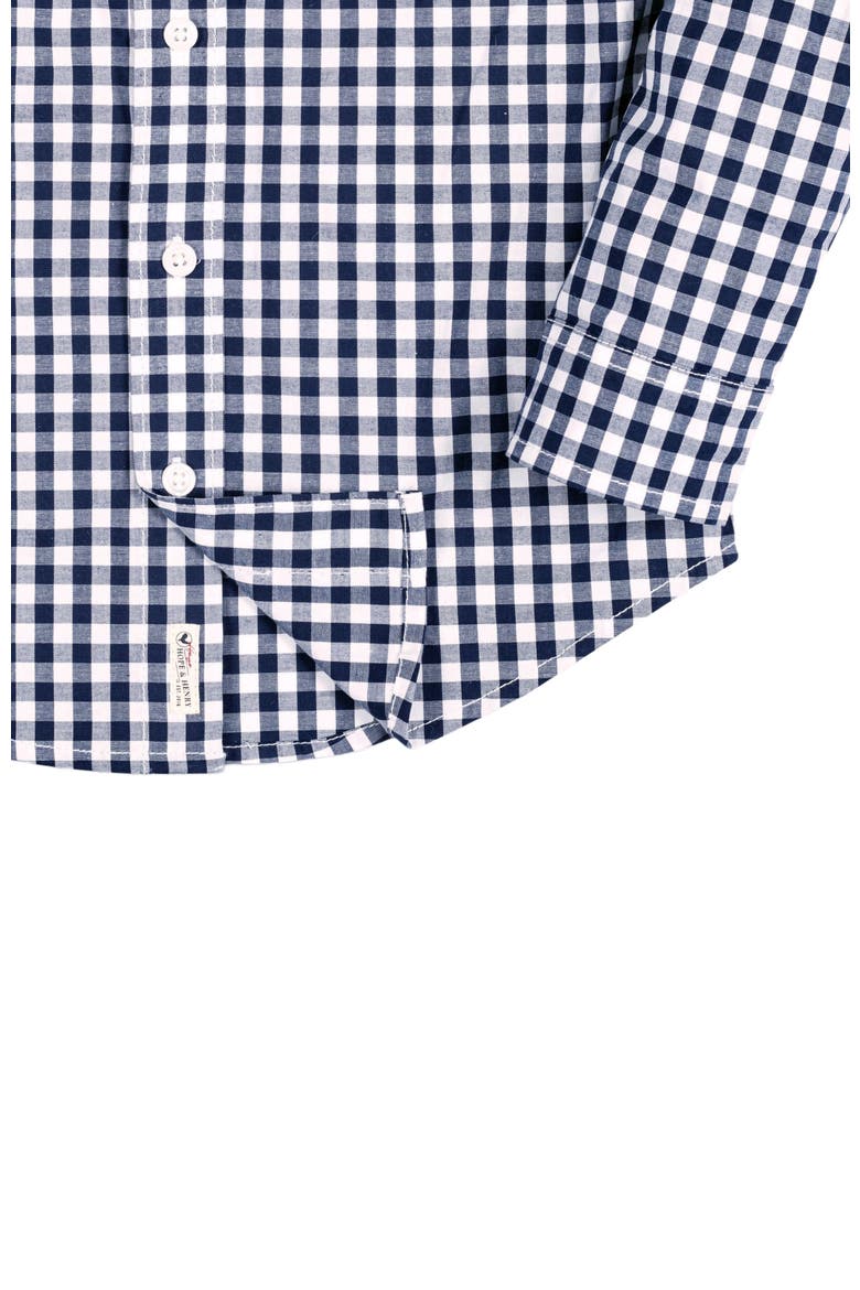 Kids' Organic Long Sleeve Stretch Poplin Roll-Up Button Down Shirt, Alternate, color, Navy Gingham