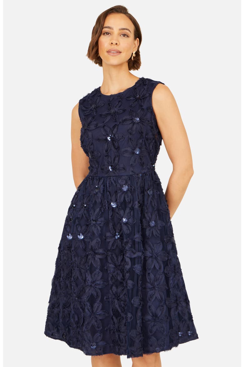 Sequin Floral Applique Skater Dress, Alternate, color, Navy