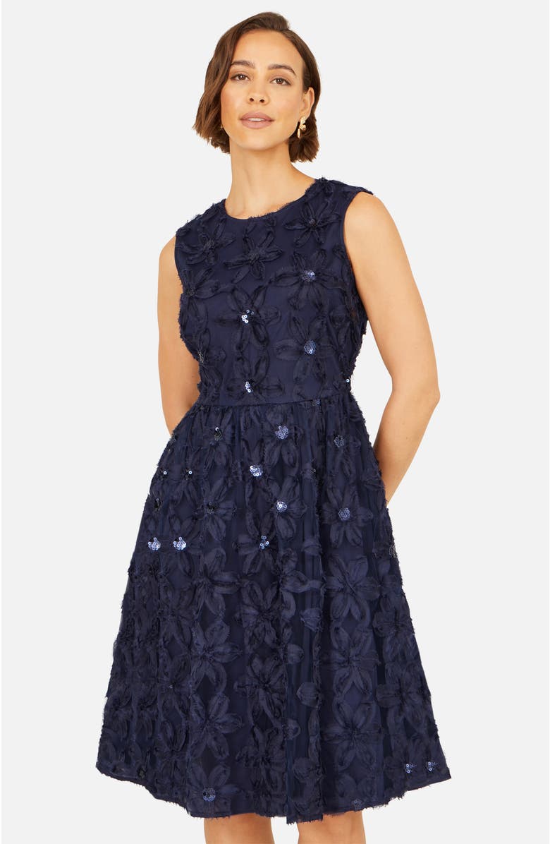 Yumi Sequin Floral Applique Skater Dress, Alternate, color, Navy