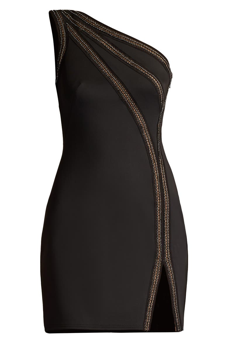 Bead Detail One-Shoulder Cocktail Dress, Alternate, color, BLACK