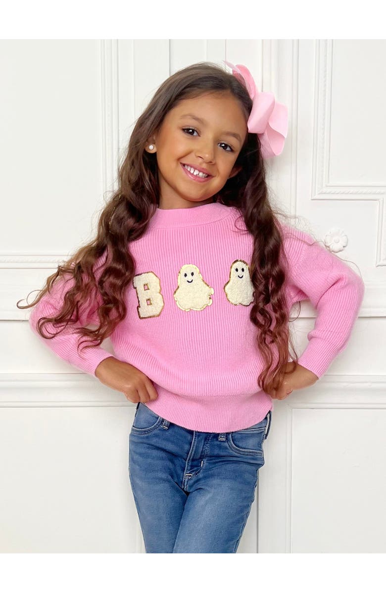 Mia Belle Girls Boo Ghost Halloween Sweater, Alternate, color, Pink