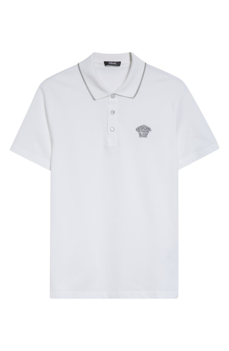 Versace Medusa Embroidered Cotton Piqué Polo, Alternate, color, Optical White