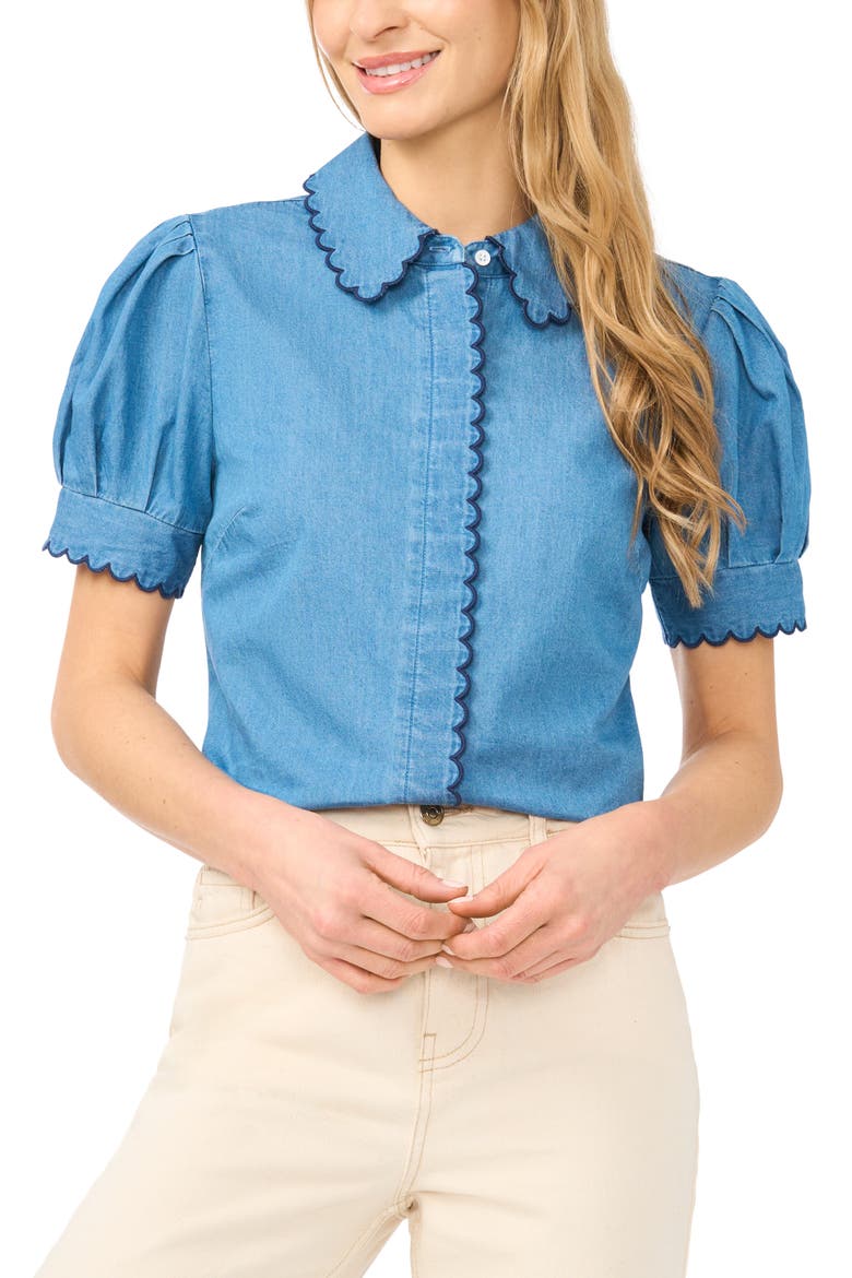 Scallop Trim Puff Sleeve Denim Placket Button-Up Shirt, Main, color, LIGHT INDIGO