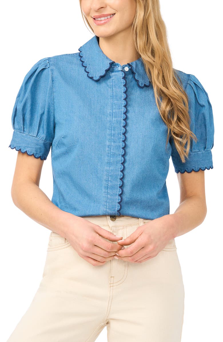 CeCe Scallop Trim Puff Sleeve Denim Placket Button-Up Shirt, Main, color, Light Indigo