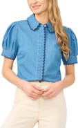 CeCe Scallop Trim Puff Sleeve Denim Placket Button-Up Shirt