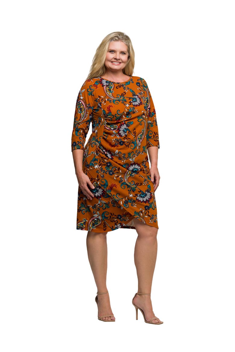 Plus Size Elbow Sleeve Ruched Tulip Fall Print Mini Dress, Alternate, color, Orange Multi