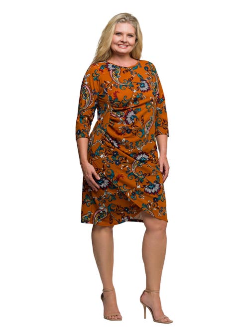 24seven Comfort Apparel Plus Size Elbow Sleeve Ruched Tulip Fall Print Mini Dress In Multi