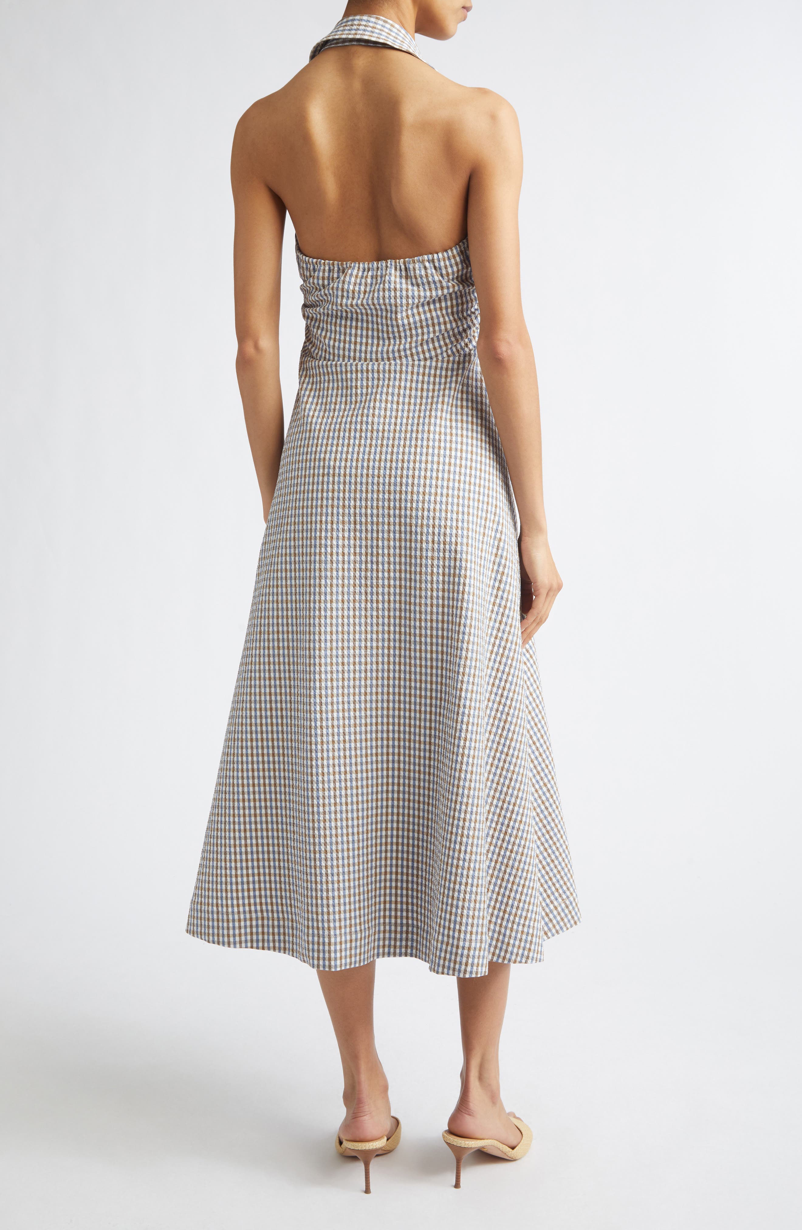 Veronica Beard Mackey Gingham Stretch Cotton Halter Shirtdress