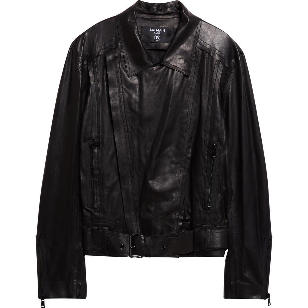 Balmain Belted Lightweight Lambskin Leather Biker Jacket In Black