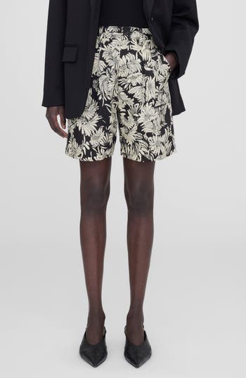 Anine Bing Carrie High Waist Linen Shorts In Black Floral Print