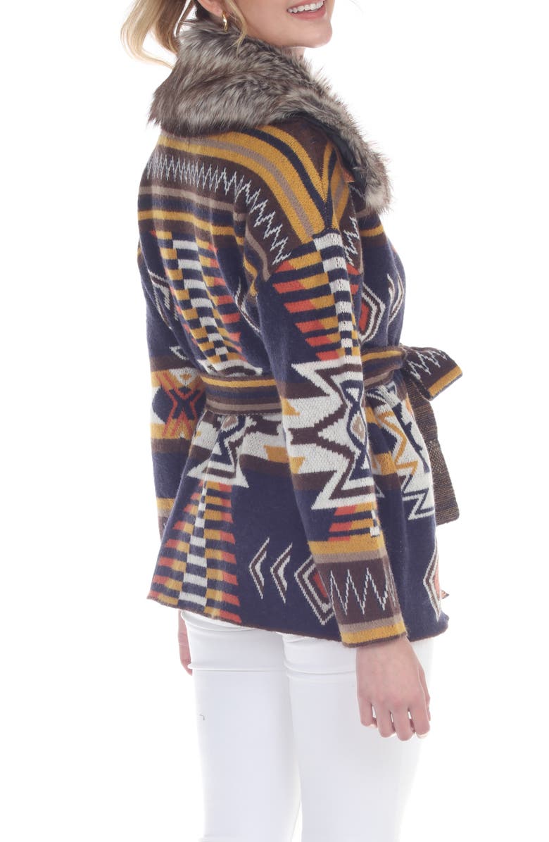 RAIN AND ROSE Geometric Faux Fur Trim Cardigan, Alternate, color, Blue Multi