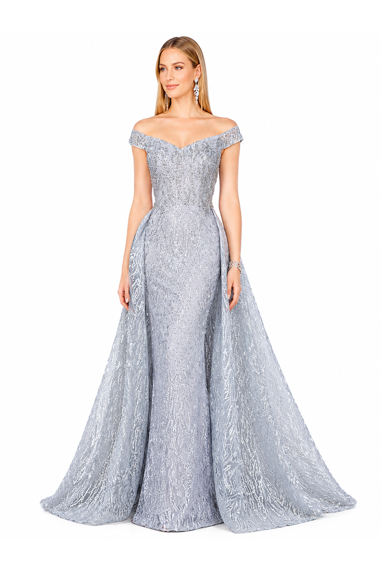 Beaded Faux-Wrap V-Neck Bridal Gown, Alternate, color, Slate