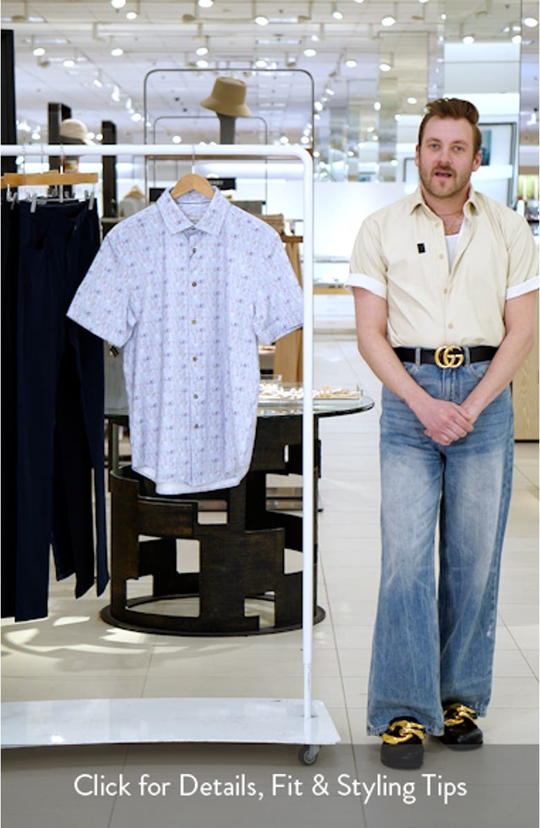 Miles OoohCotton<sup>®</sup> Leaf Print Short Sleeve Button-Up Shirt, sales video thumbnail