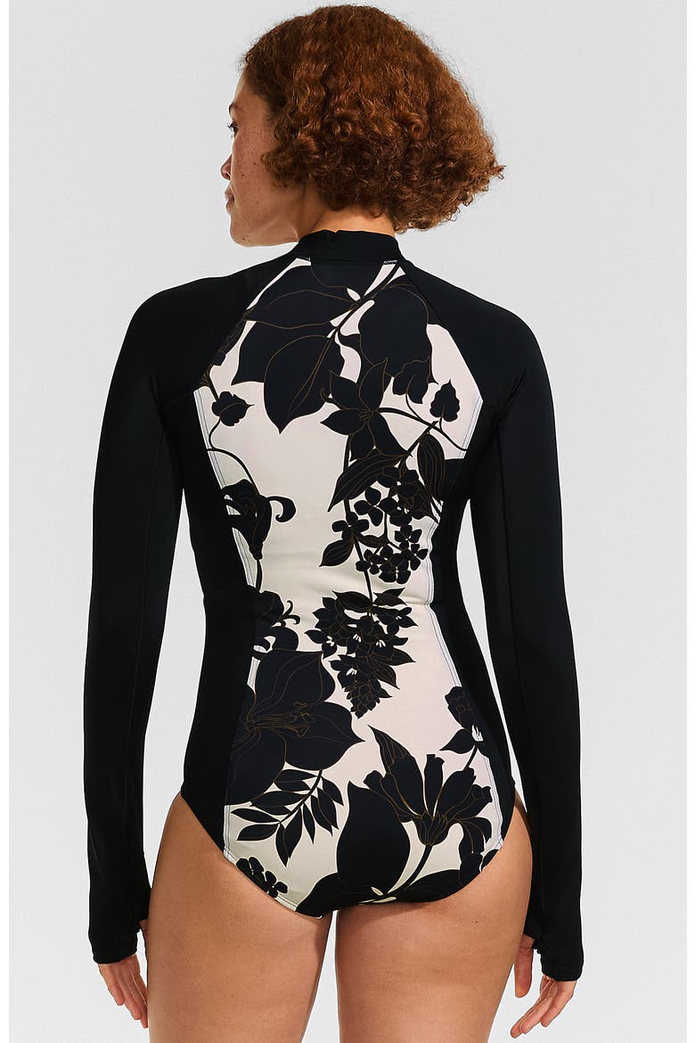 Tugless Long Sleeve Rash Guard One Piece Swimsuit, Alternate, color, Egret/Black Lilies