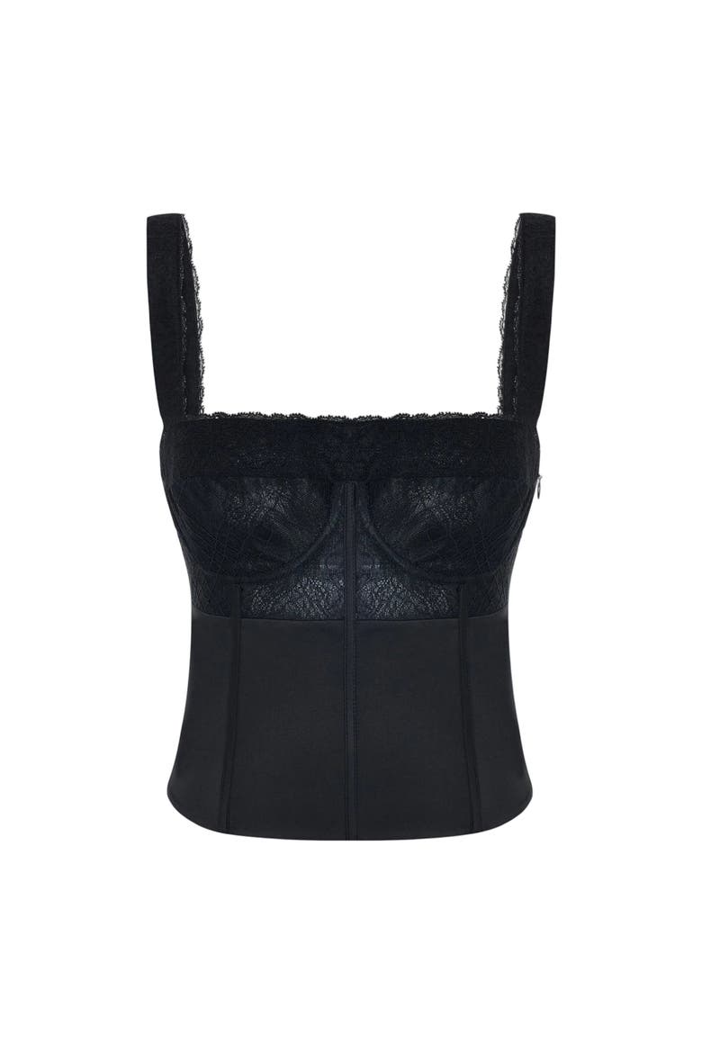 Daydreamers Satin Corset With Lace Detail, Main, color, BLACK