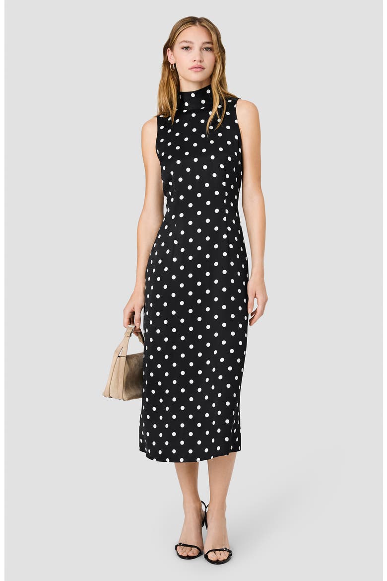 Ennis Sleeveless Satin Midi Dress, Alternate, color, BLACK/ WHITE POLKA DOT