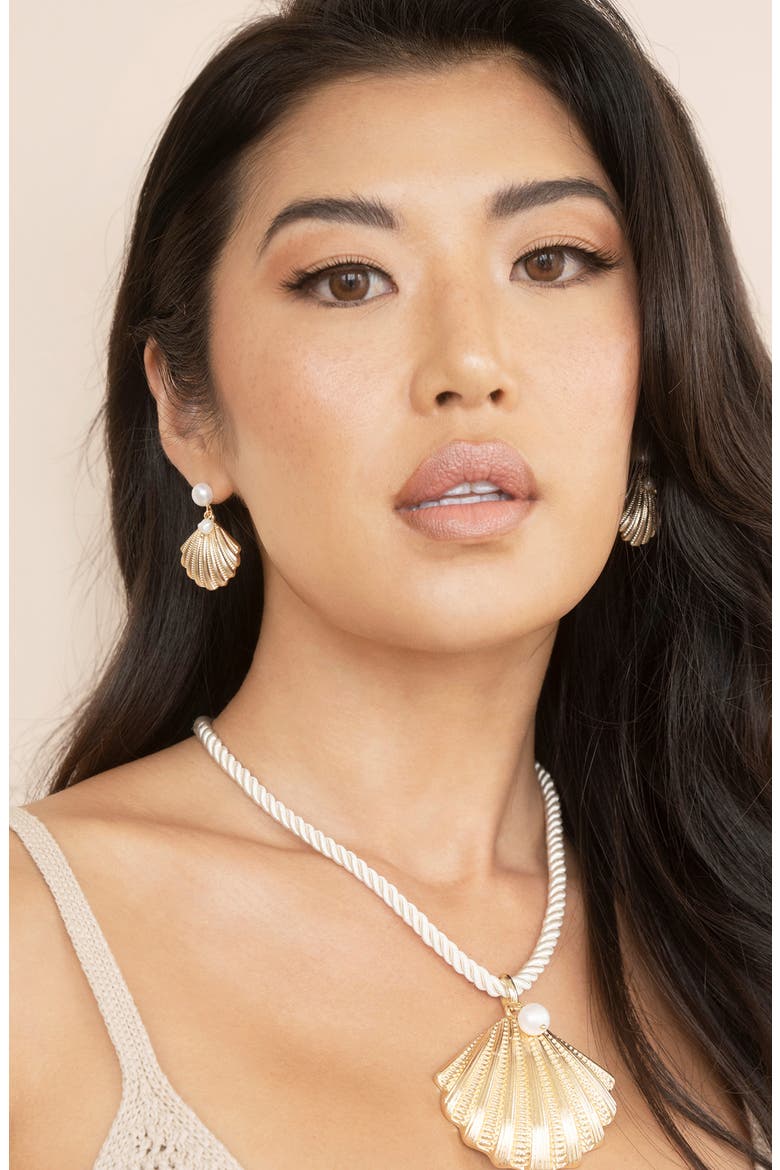 Scallop Shell & Freshwater Pearl Drop Earrings, Alternate, color, GOLD
