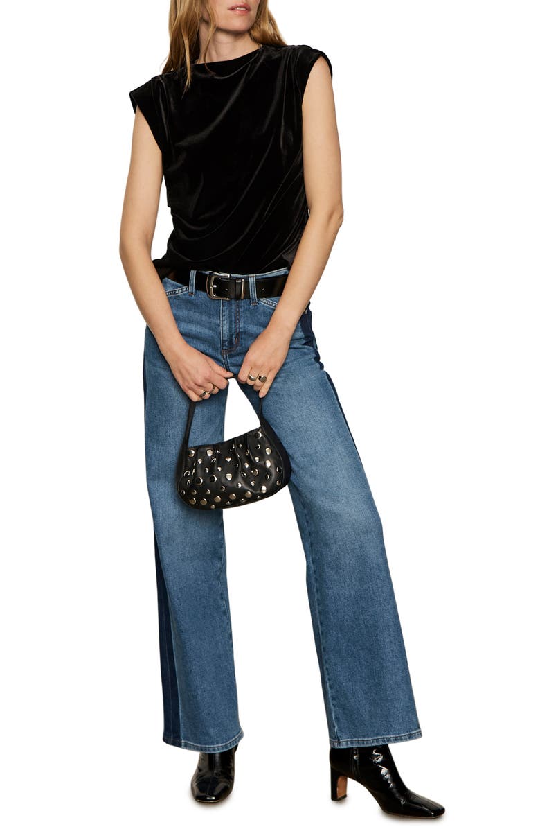 Sanctuary Pleated Sleeve Side Ruched Velvet Top, Alternate, color, Black