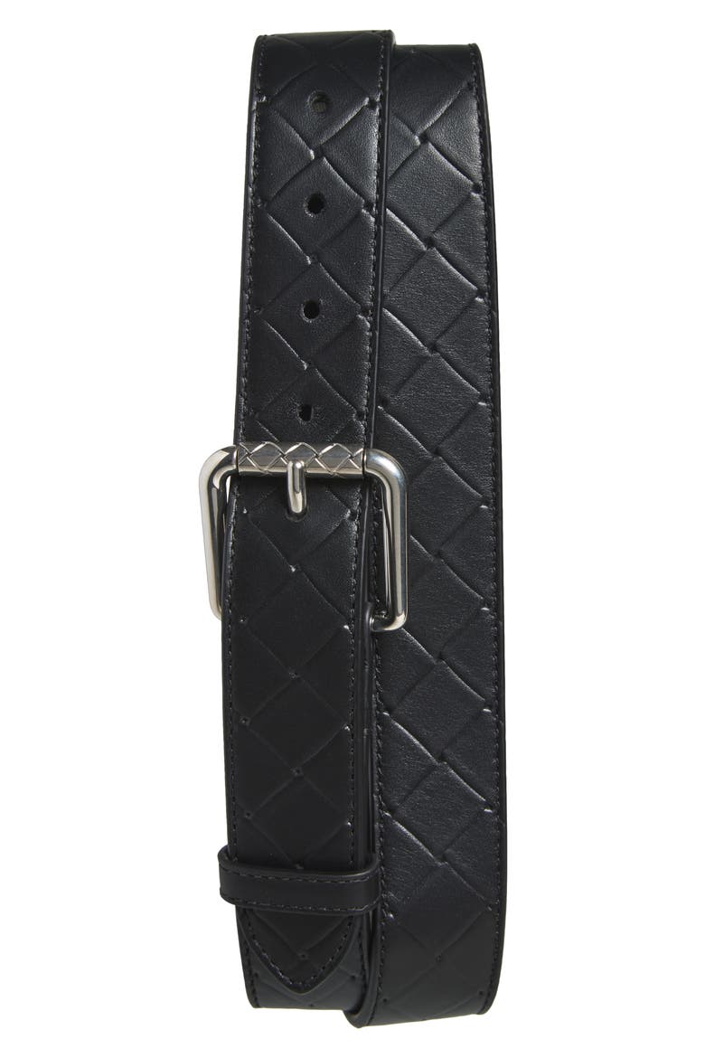 Intrecciato Leather Belt, Main, color, BLACK-SILVER