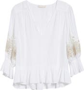 Ramy Brook Berry Lace Inset Puff Sleeve Peplum Top