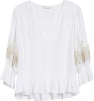 Ramy Brook Berry Lace Inset Puff Sleeve Peplum Top