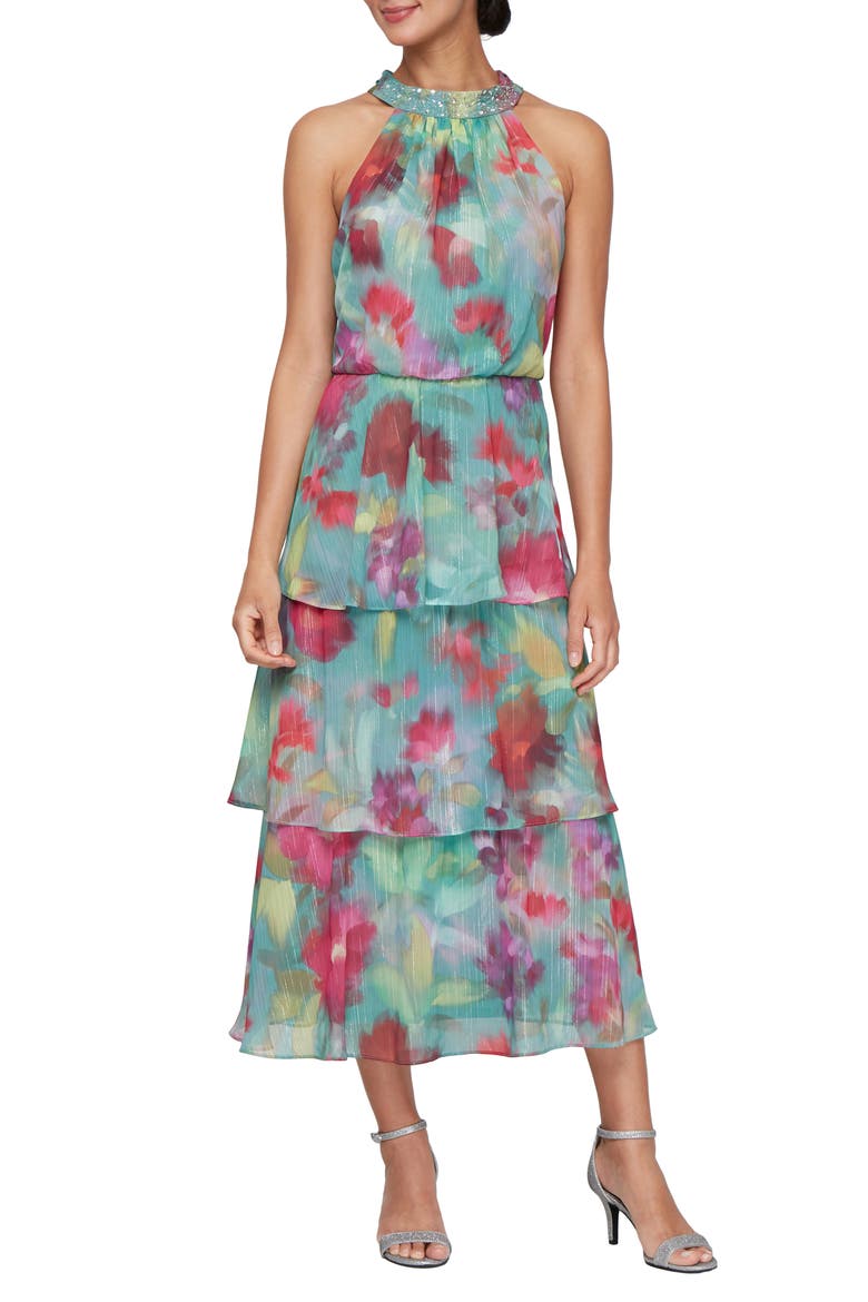 Tiered Halter Midi Dress, Main, color, TEAL/ PINK MULTI