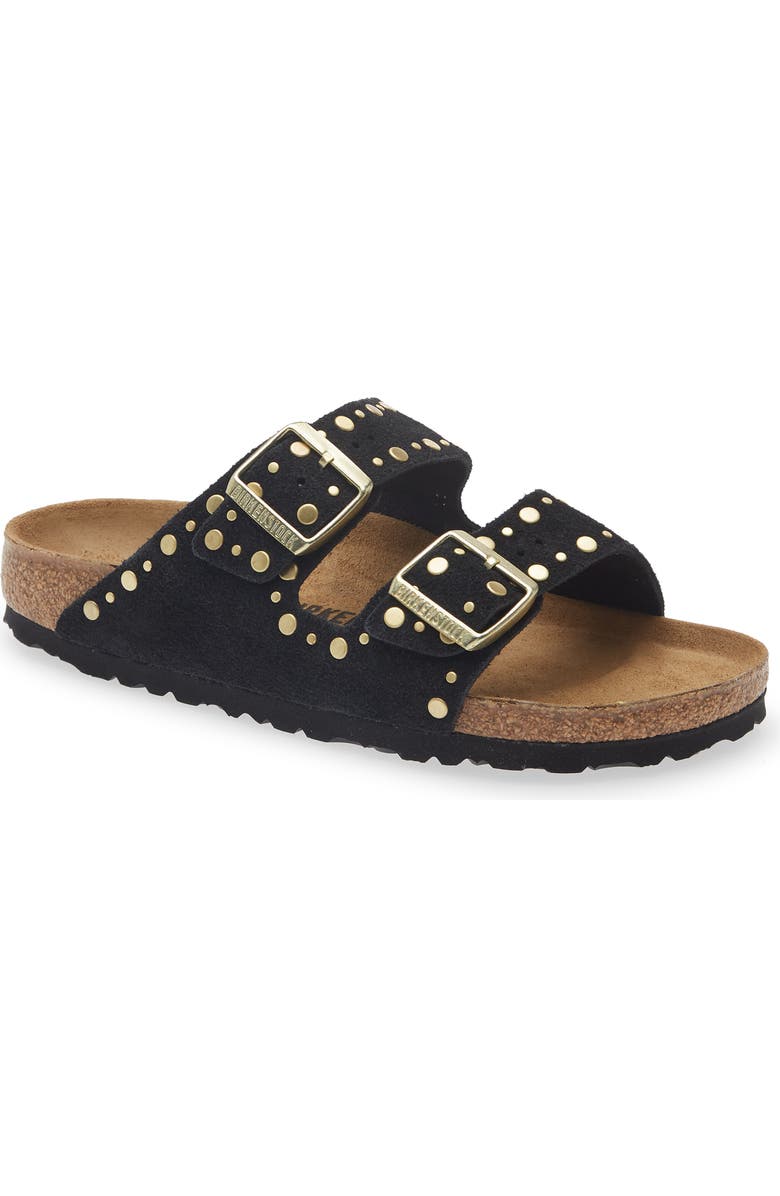 Birkenstock Arizona Rivets Studded Slide Sandal, Main, color, Black Suede