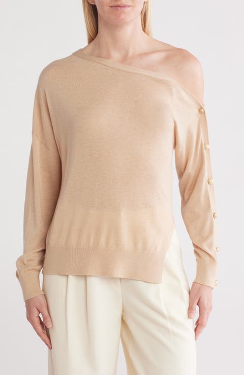 Ledger One-Shoulder Button Sleeve Sweater