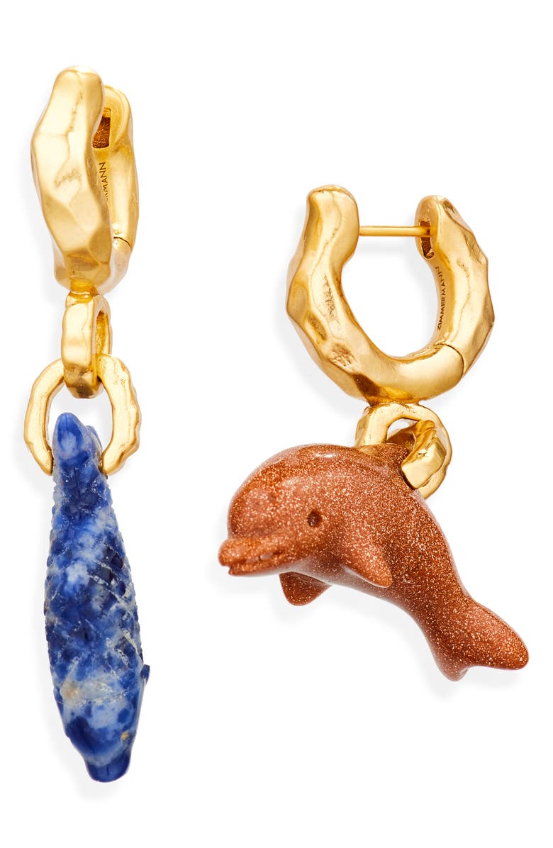 Zimmermann Solara Mismatched Drop Huggie Hoop Earrings, Main, color, Antique Gold/ Multi Angm