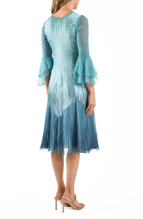 Komarov Bell Sleeve Charmeuse & Chiffon Cocktail Dress In Marine Night Ombre