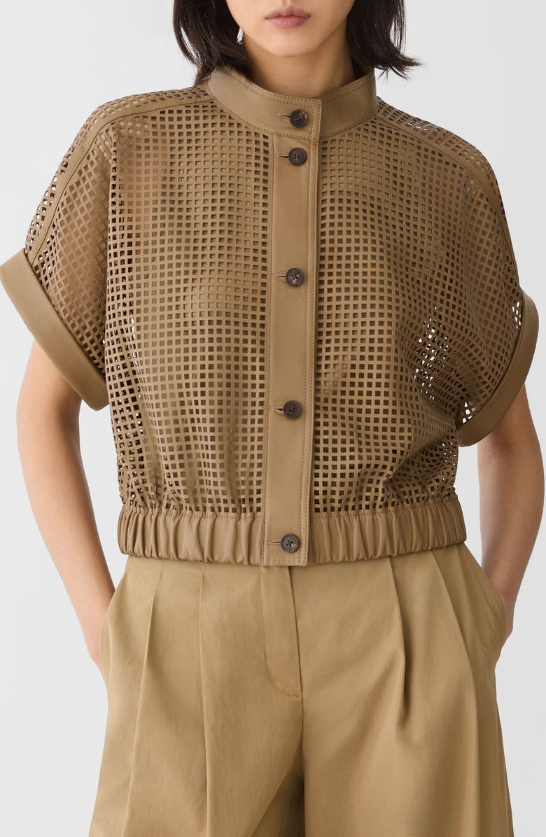 Lafayette 148 New York Laser Cut Grid Napa Leather Jacket, Main, color, Green Clay
