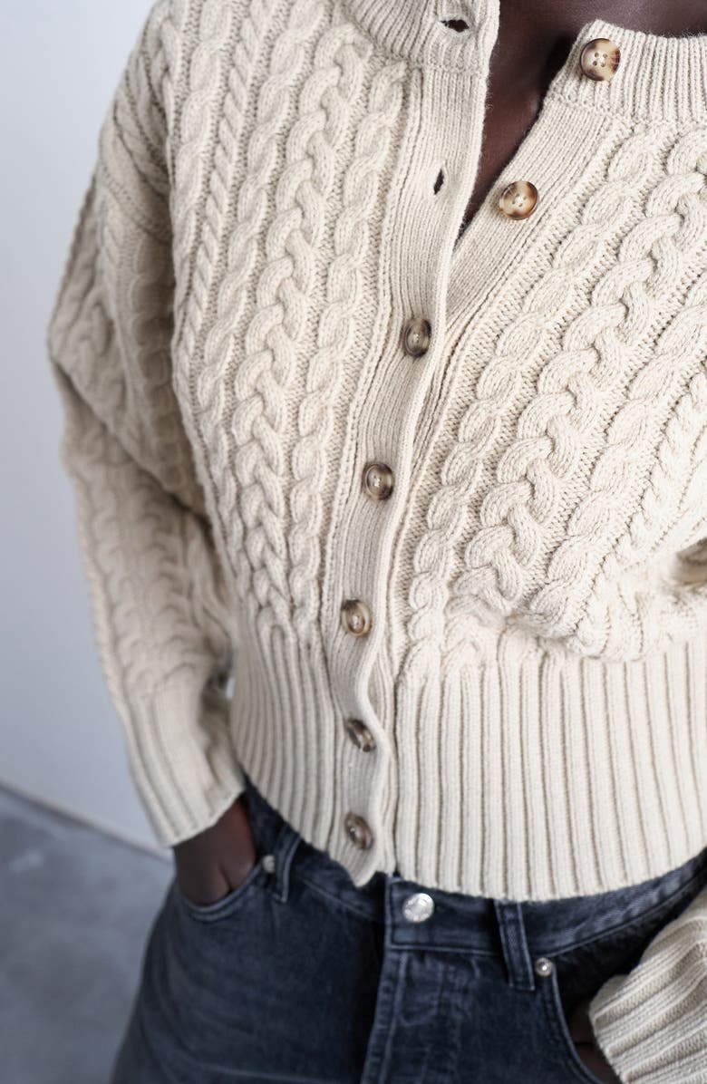 Topshop Cable Stitch Fitted Waist Cardigan, Alternate, color, Oat