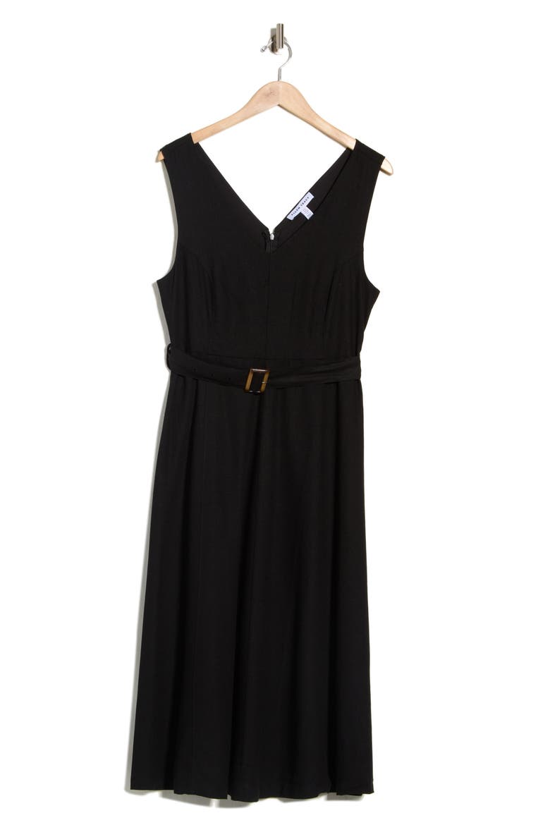 V-Neck Sleeveless Belted Midi Dress, Alternate, color, BLACK
