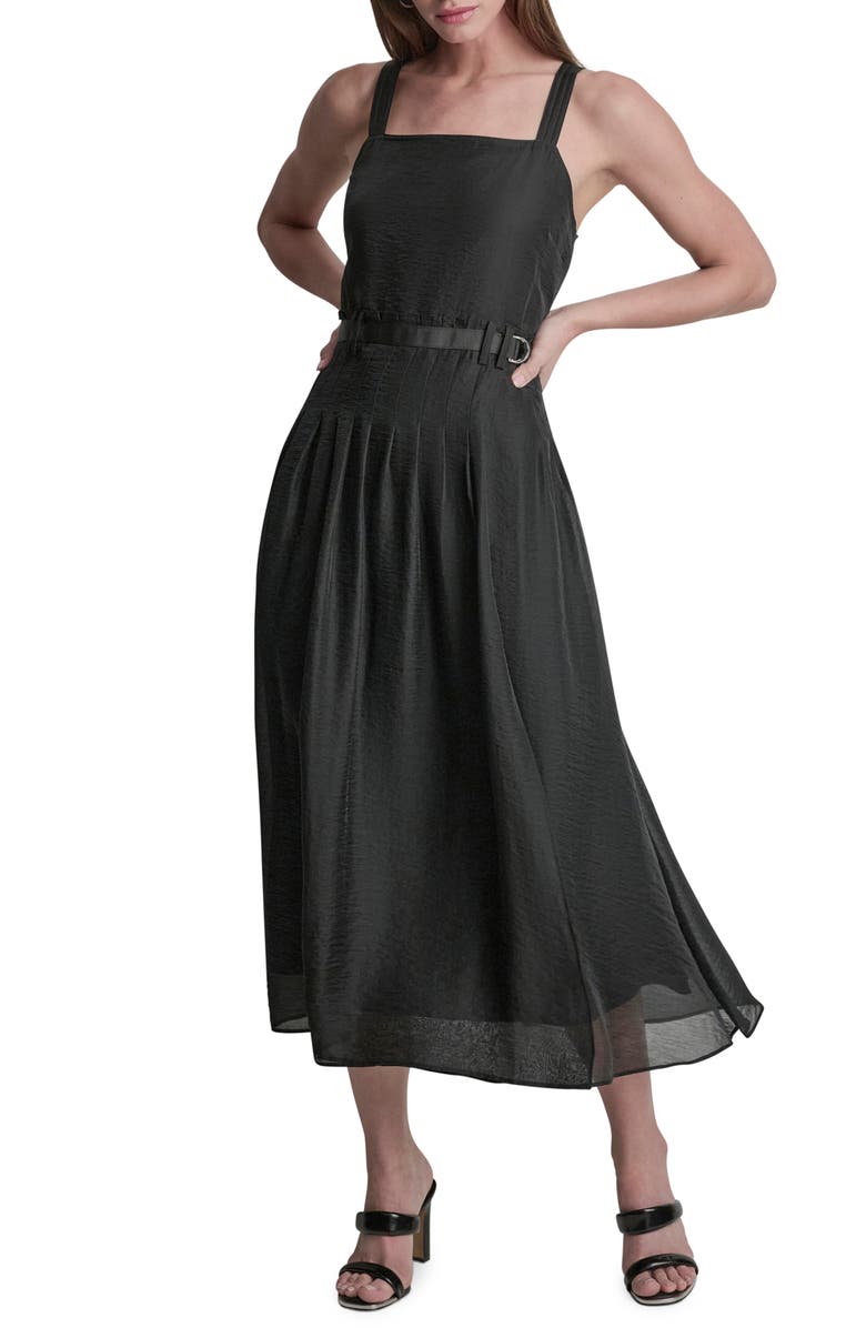 DKNY Belted Pleated Midi Dress, Main, color, Navy