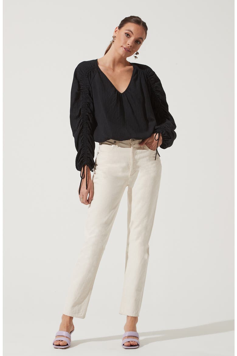 Ruched Long Sleeve Top, Alternate, color, BLACK