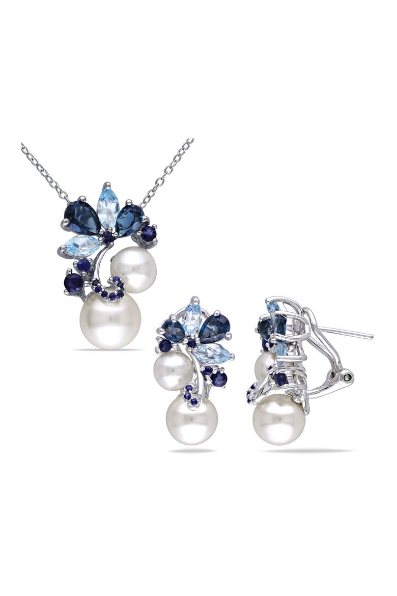 Cultured Freshwater Pearl & Sapphire Pendant Necklace & Stud Earrings Set, Main, color, BLUE