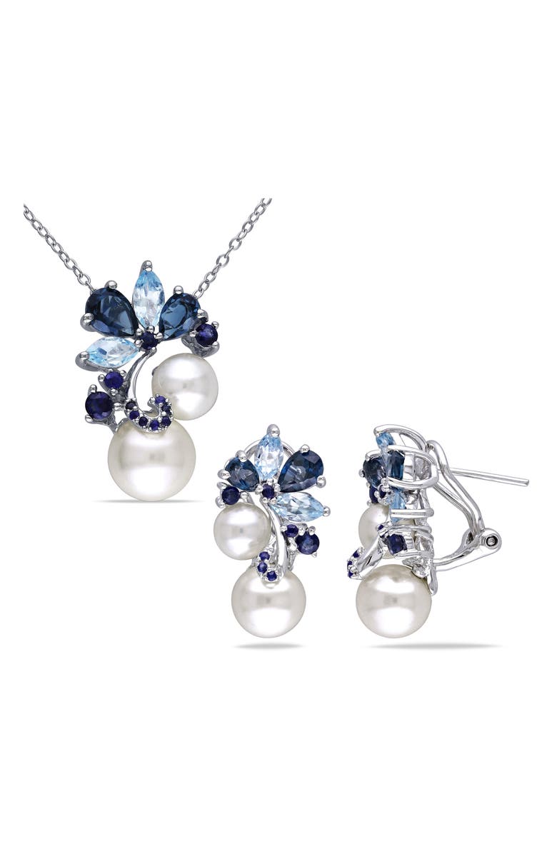 DELMAR Cultured Freshwater Pearl & Sapphire Pendant Necklace & Stud Earrings Set, Main, color, Blue