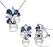 DELMAR Cultured Freshwater Pearl & Sapphire Pendant Necklace & Stud Earrings Set