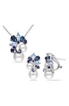 DELMAR Cultured Freshwater Pearl & Sapphire Pendant Necklace & Stud Earrings Set