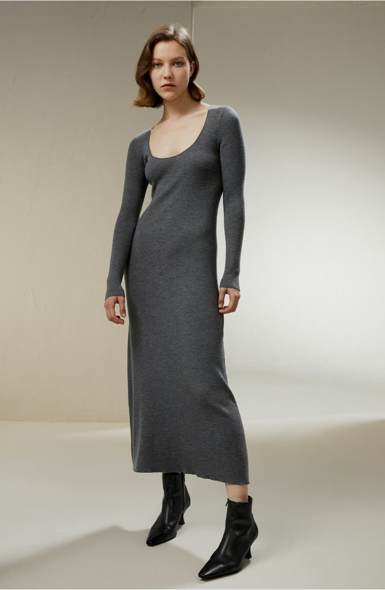 Lilysilk Women's Ribbed Bodycon Merino Wool Midi Dress, Alternate, color, Dark Gray