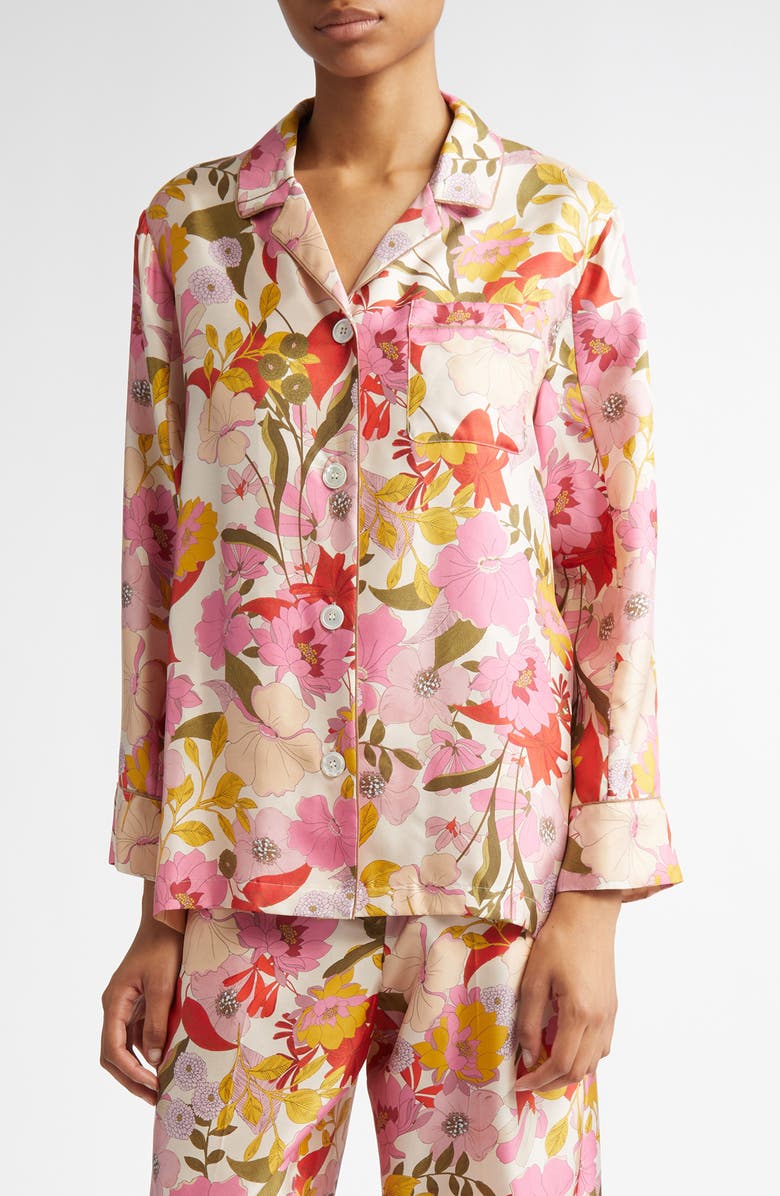 Max Mara Alan Floral Silk Twill Button-Up Shirt, Main, color, Pink