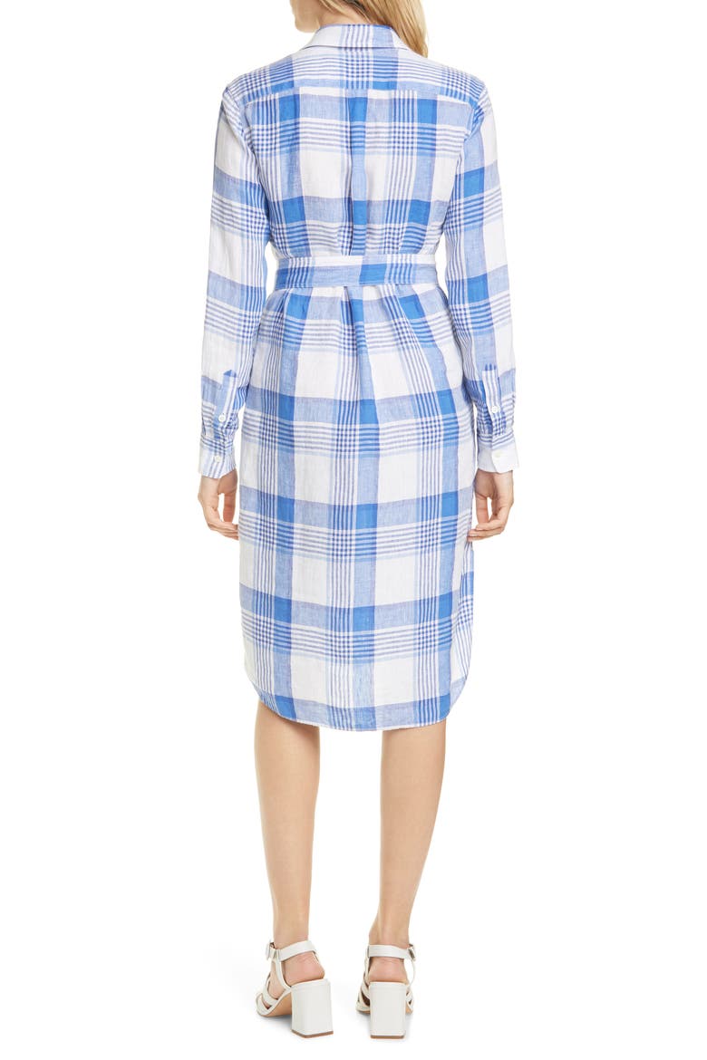 Plaid Long Sleeve Belted Linen Shirtdress, Alternate, color, 4370 WHITE BLUE/ MULTI