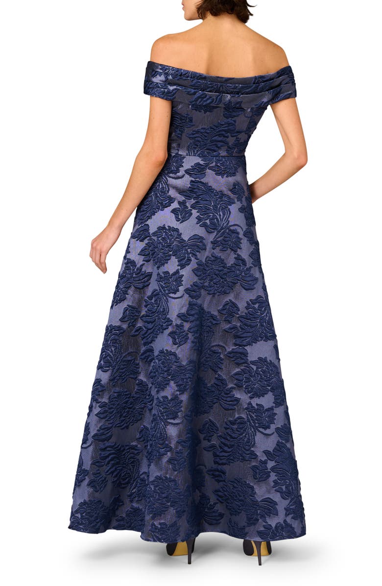 Aidan Mattox Floral Jacquard Off the Shoulder Gown, Alternate, color, Navy