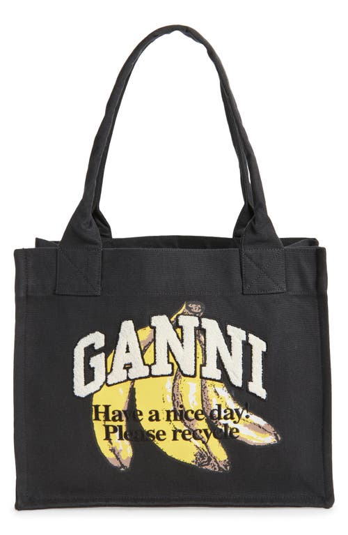 Ganni Banana Print Large Tote Bag With Structured Shape In Black