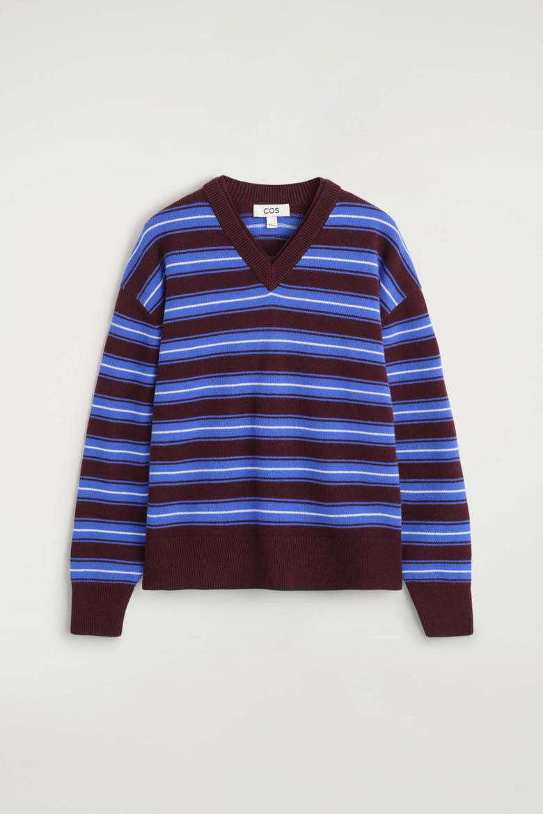Merino Wool Layered V-neck Sweater, Alternate, color, COBALT / BURGUNDY / STRIPED