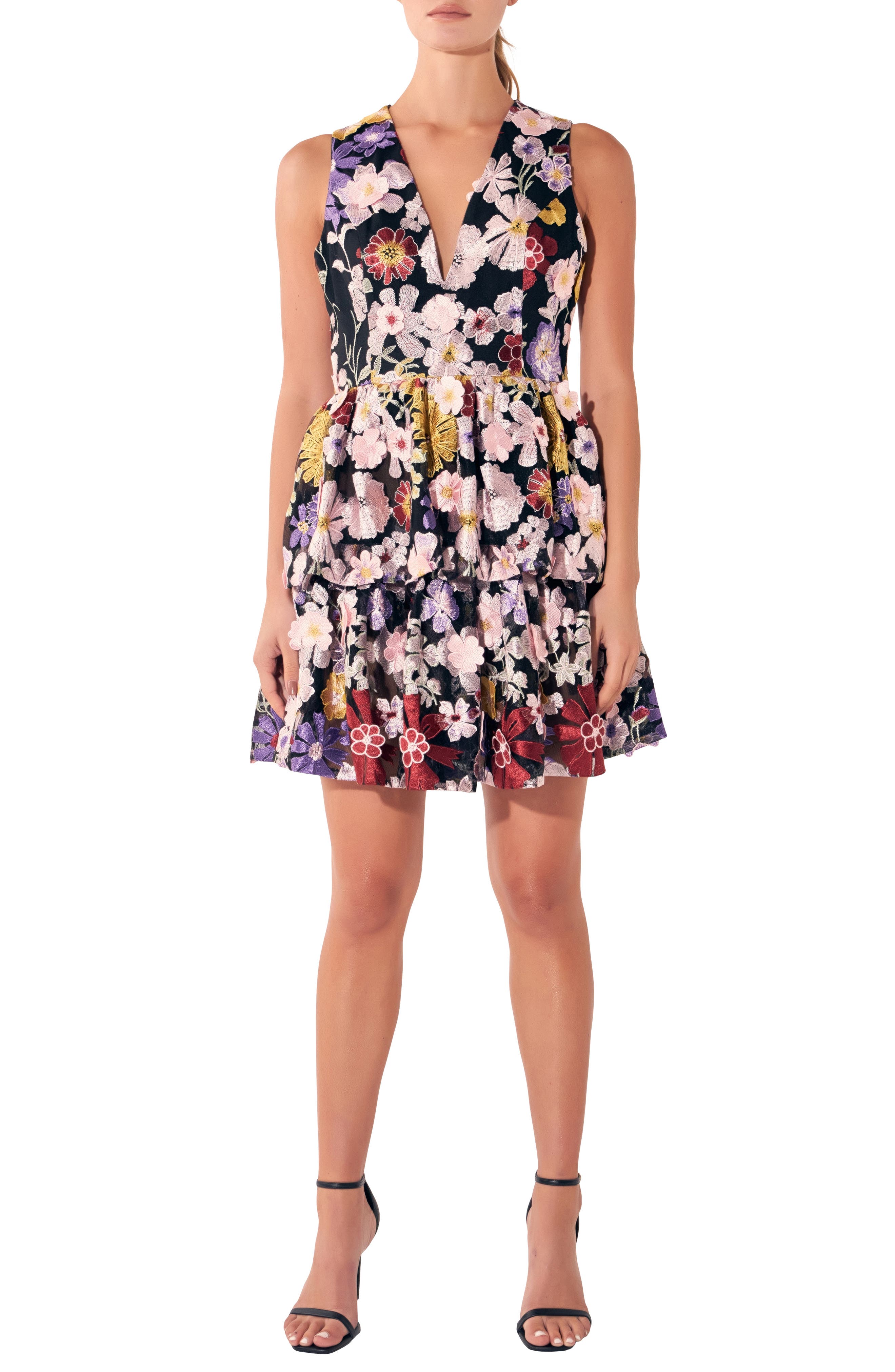 Endless Rose Tiered Embroidered Velvet Fit & Flare Minidress