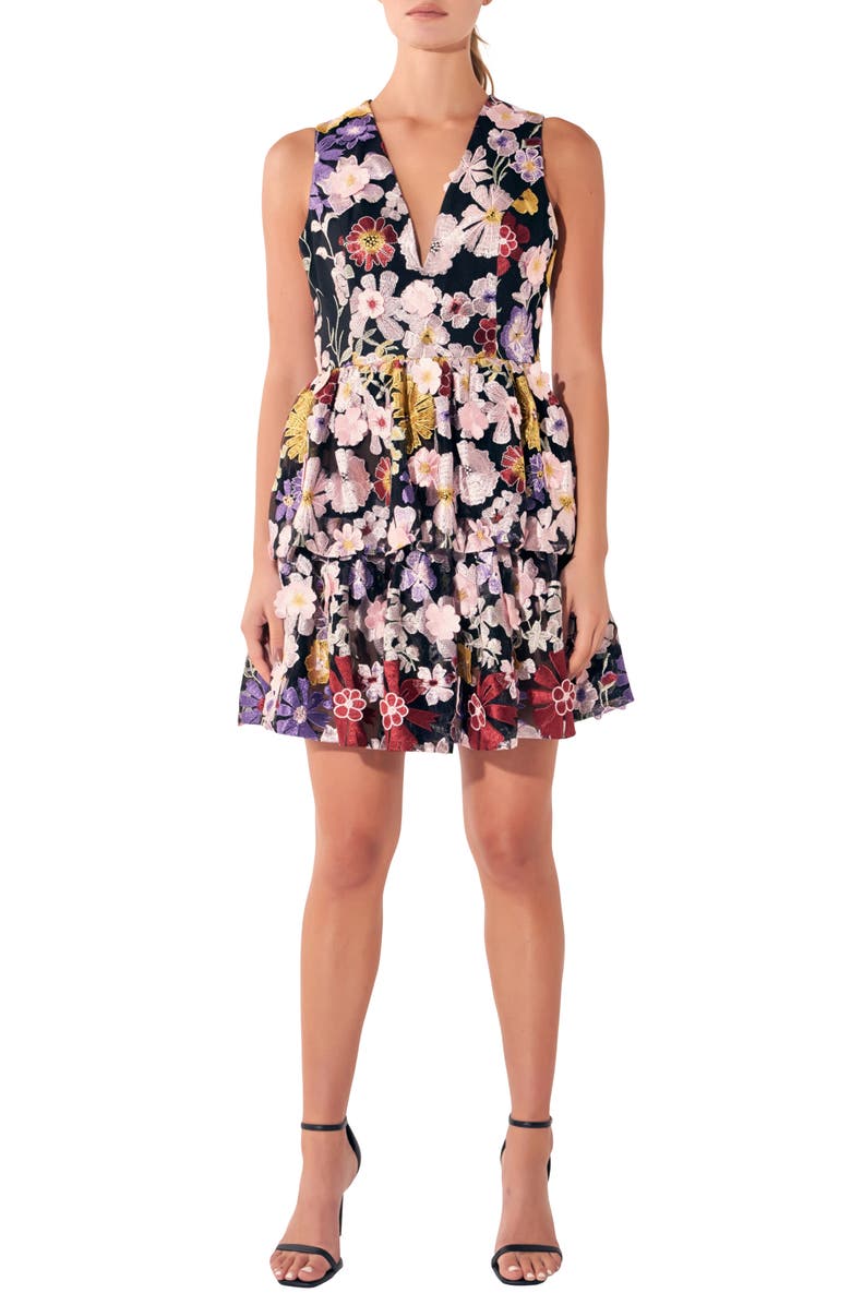 Endless Rose Tiered Embroidered Velvet Fit & Flare Minidress, Main, color, Black Multi