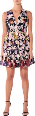 Endless Rose Tiered Embroidered Velvet Fit & Flare Minidress