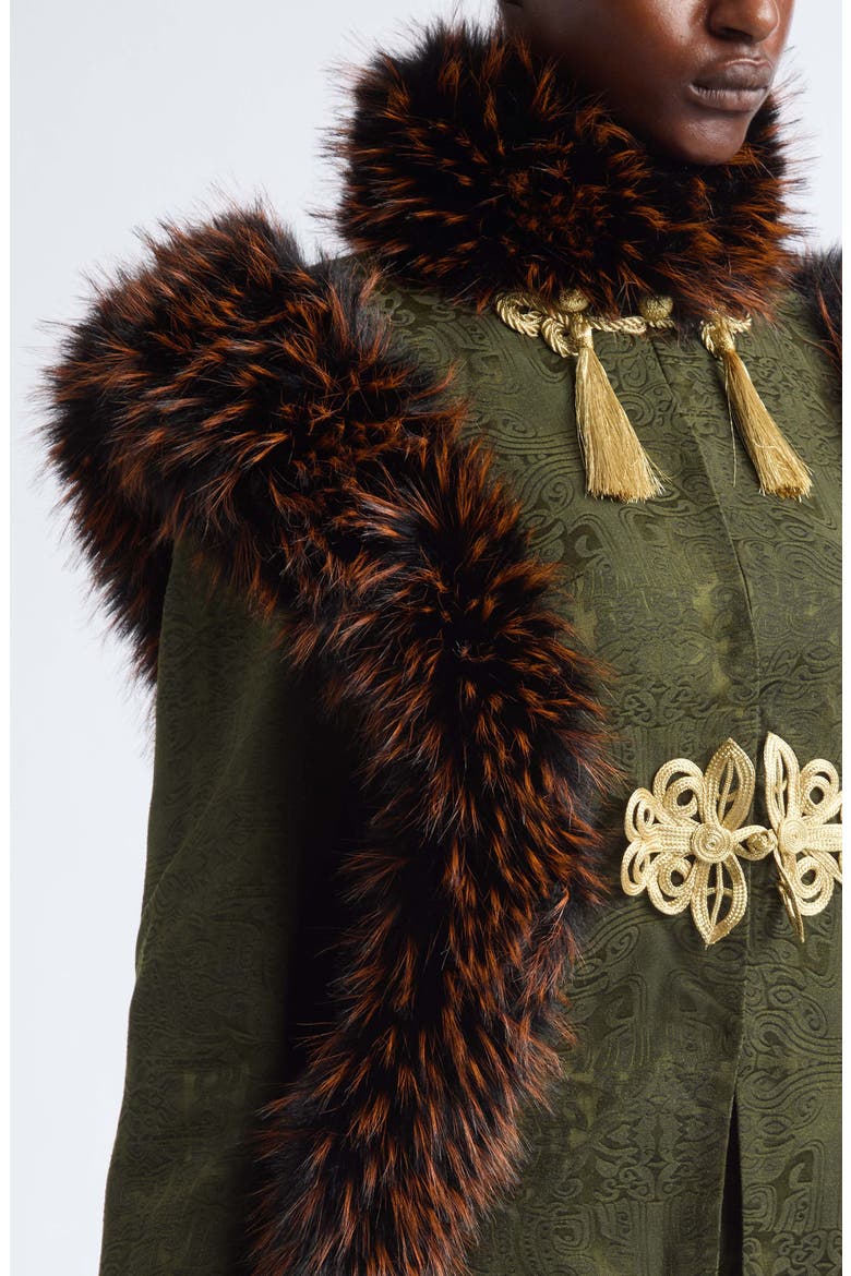 Faux Fur Trim Chinese Brocade Jacket, Alternate, color, ARMY GREEN